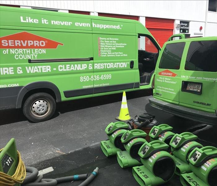 SERVPRO vehicles and equipment staging area